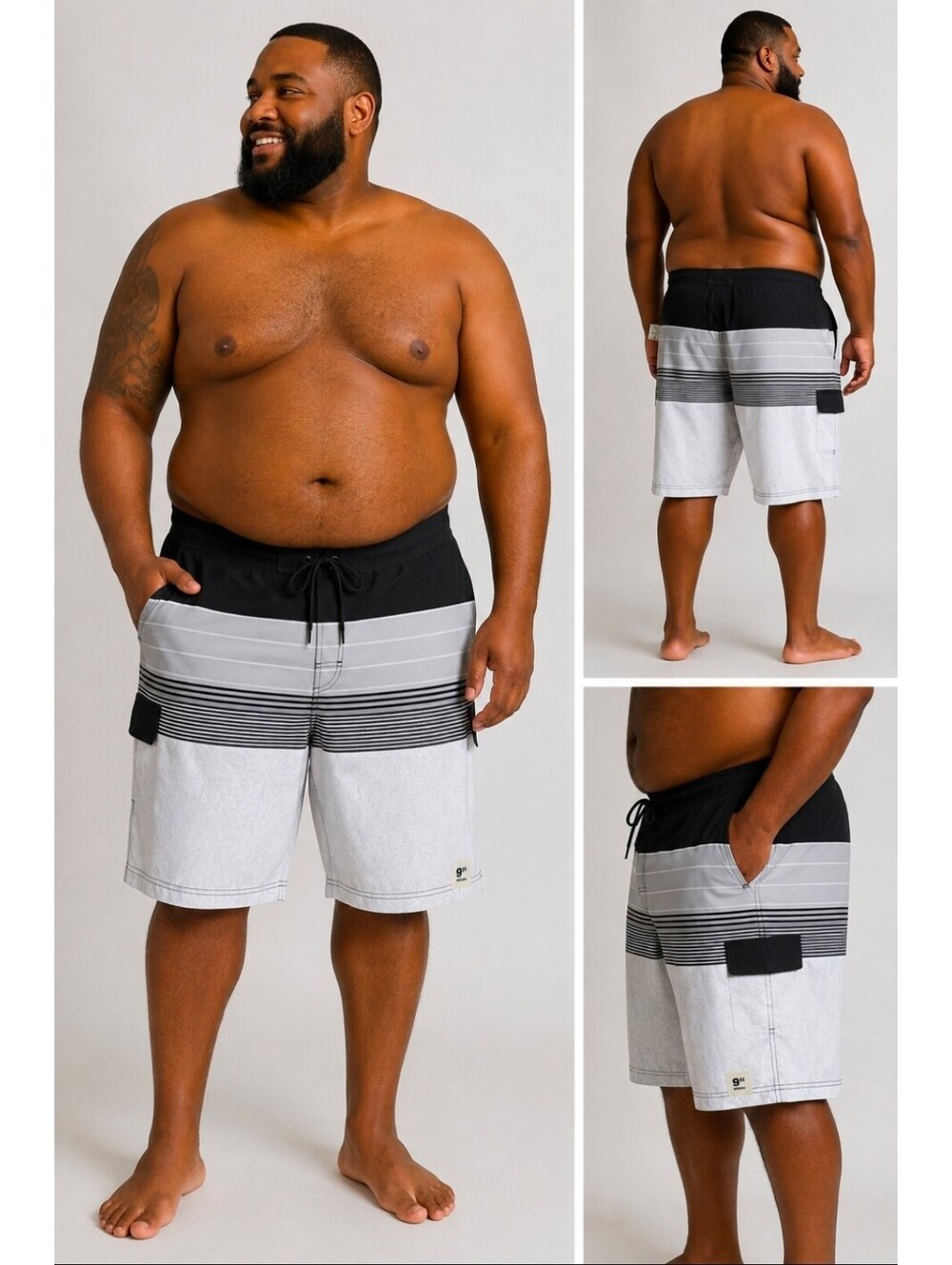 NWT George Men's 3XL Board Shorts Swim Trunks Black Gray Stripe 9" Quick Dry